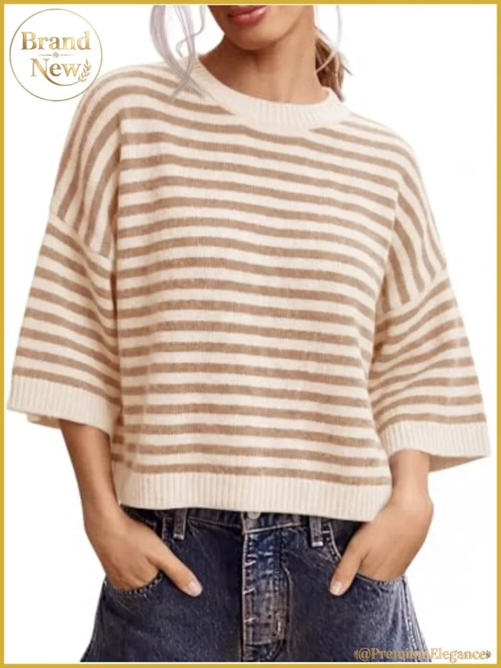 Oversized Striped Knit Pullover Sweater Women Short Sleeve Crew Neck Loose Fit